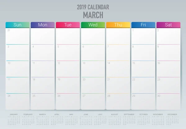 Березень 2019 Настільний Календар Векторні Ілюстрації Простий Чистий Дизайн — стоковий вектор