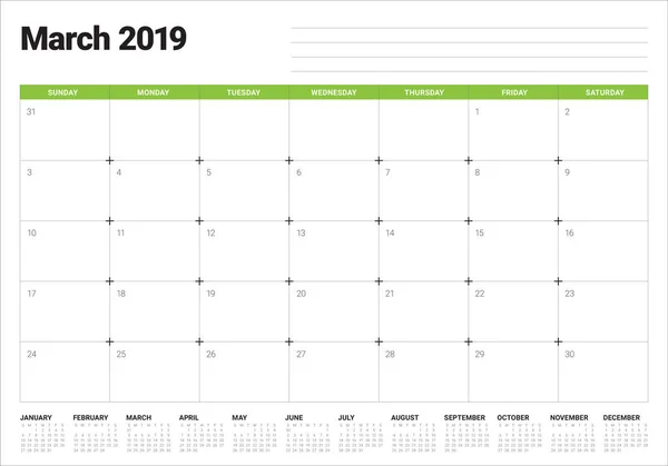 Март 2019 Настольный Календарь Векторная Иллюстрация Простой Чистый Дизайн — стоковый вектор