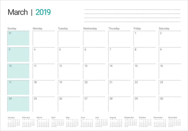 March 2019 Desk Calendar Vector Illustration Simple Clean Design — Stock Vector