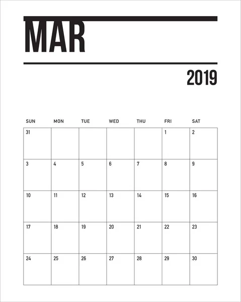 Calendrier Bureau Mars 2019 Illustration Vectorielle Design Simple Épuré — Image vectorielle