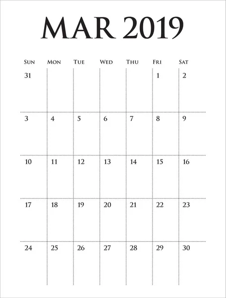 Março 2019 Mesa Calendário Vetor Ilustração Design Simples Limpo — Vetor de Stock