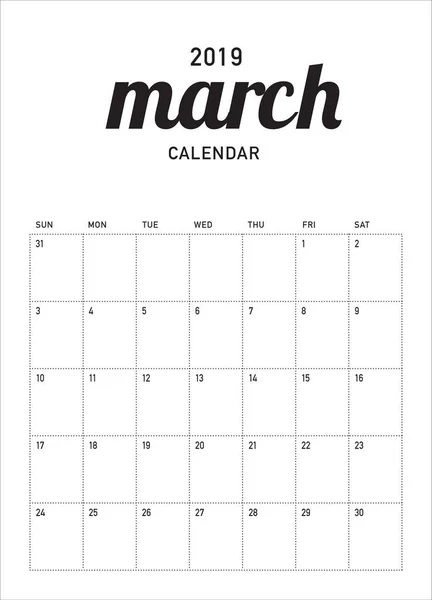 Março 2019 Mesa Calendário Vetor Ilustração Design Simples Limpo — Vetor de Stock