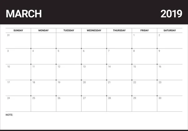 Март 2019 Настольный Календарь Векторная Иллюстрация Простой Чистый Дизайн — стоковый вектор