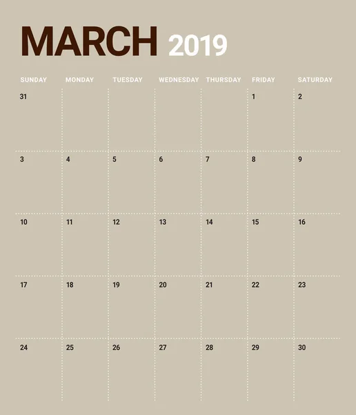 Calendrier Bureau Mars 2019 Illustration Vectorielle Design Simple Épuré — Image vectorielle