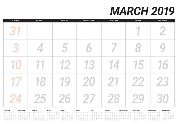 Marzo 2019 Escritorio Calendario Vector Ilustración Diseño Simple Limpio — Vector de stock