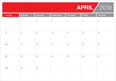 Nisan 2019 Resepsiyon takvim vektör çizim, basit ve temiz tasarım.
