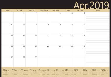 Nisan 2019 Resepsiyon takvim vektör çizim, basit ve temiz tasarım.