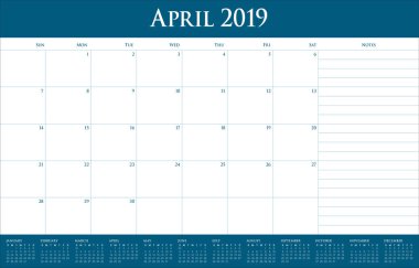 Nisan 2019 Resepsiyon takvim vektör çizim, basit ve temiz tasarım.