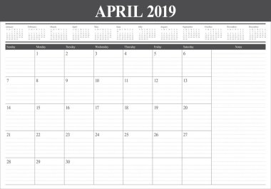 Nisan 2019 Resepsiyon takvim vektör çizim, basit ve temiz tasarım.