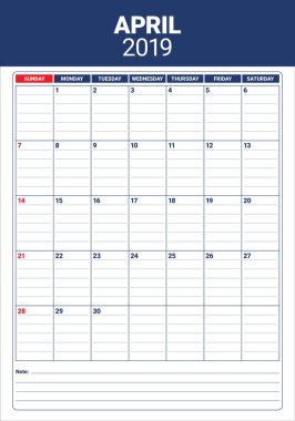 Nisan 2019 Resepsiyon takvim vektör çizim, basit ve temiz tasarım.