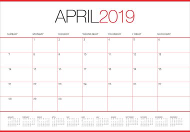Nisan 2019 Resepsiyon takvim vektör çizim, basit ve temiz tasarım.