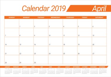 Nisan 2019 Resepsiyon takvim vektör çizim, basit ve temiz tasarım.