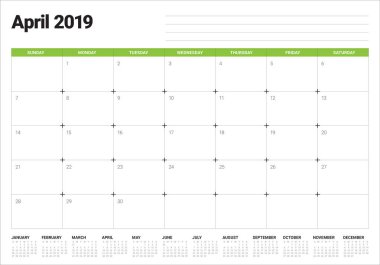 Nisan 2019 Resepsiyon takvim vektör çizim, basit ve temiz tasarım.