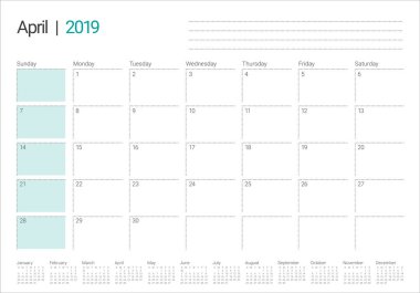 Nisan 2019 Resepsiyon takvim vektör çizim, basit ve temiz tasarım.