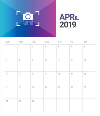 Nisan 2019 Resepsiyon takvim vektör çizim, basit ve temiz tasarım.