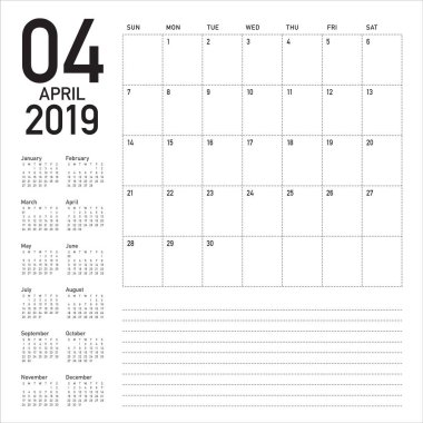 Nisan 2019 Resepsiyon takvim vektör çizim, basit ve temiz tasarım.