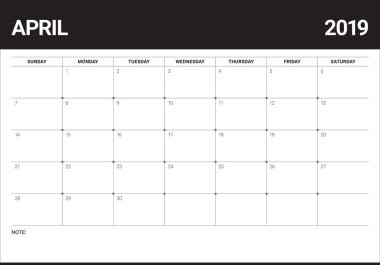 Nisan 2019 Resepsiyon takvim vektör çizim, basit ve temiz tasarım.