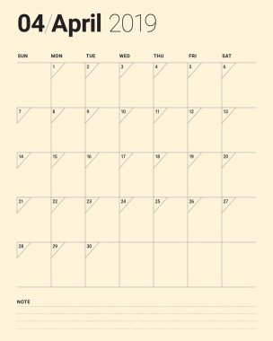 Nisan 2019 Resepsiyon takvim vektör çizim, basit ve temiz tasarım.