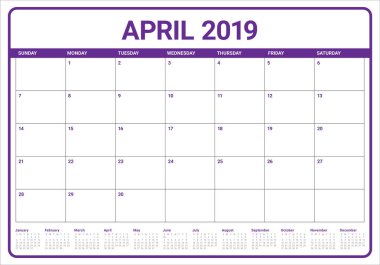 Nisan 2019 Resepsiyon takvim vektör çizim, basit ve temiz tasarım.