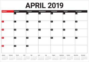 Nisan 2019 Resepsiyon takvim vektör çizim, basit ve temiz tasarım.