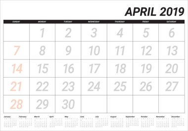 Nisan 2019 Resepsiyon takvim vektör çizim, basit ve temiz tasarım.