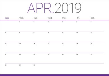 Nisan 2019 Resepsiyon takvim vektör çizim, basit ve temiz tasarım.