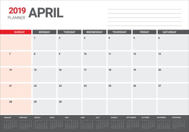 Nisan 2019 Resepsiyon takvim vektör çizim, basit ve temiz tasarım.