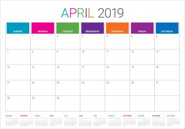 Nisan 2019 Resepsiyon takvim vektör çizim, basit ve temiz tasarım.