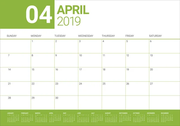 Απριλίου 2019 Γραφείο Ημερολόγιο Διανυσματικά Εικονογράφηση Απλή Και Καθαρή Σχεδιασμός — Διανυσματικό Αρχείο