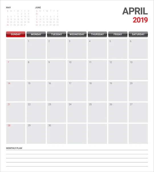 Abril 2019 Escritorio Calendario Vector Ilustración Diseño Simple Limpio — Archivo Imágenes Vectoriales