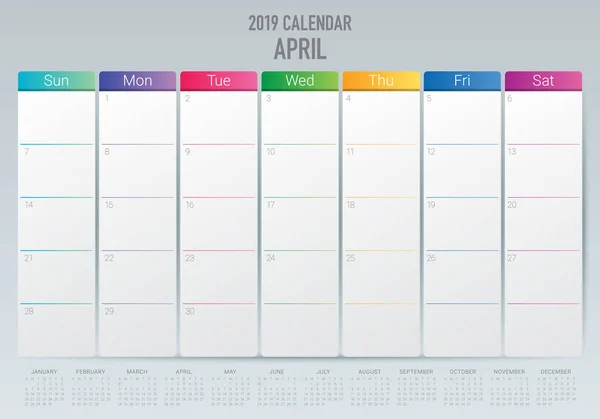 Квітень 2019 Настільний Календар Векторні Ілюстрації Простий Чистий Дизайн — стоковий вектор