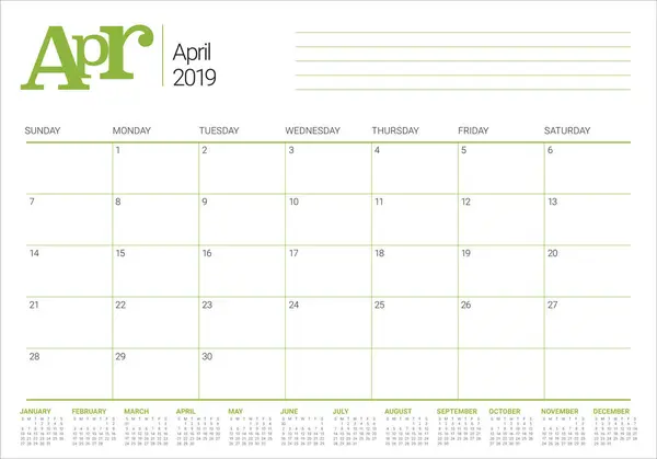 Απριλίου 2019 Γραφείο Ημερολόγιο Διανυσματικά Εικονογράφηση Απλή Και Καθαρή Σχεδιασμός — Διανυσματικό Αρχείο