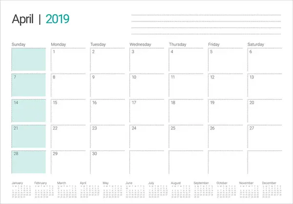 Ilustracja Wektorowa Kwietnia 2019 Biurko Kalendarza Prosty Czysty Design — Wektor stockowy