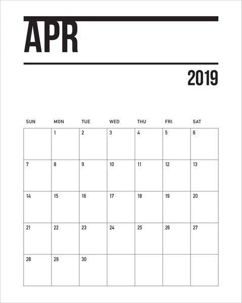 Abril 2019 Mesa Calendário Vetor Ilustração Design Simples Limpo — Vetor de Stock