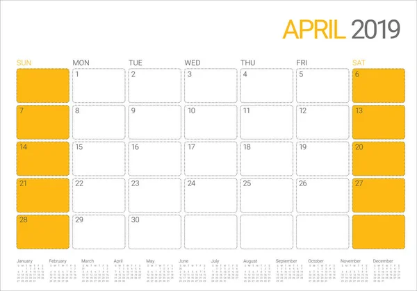 Апрель 2019 Настольный Календарь Векторная Иллюстрация Простой Чистый Дизайн — стоковый вектор