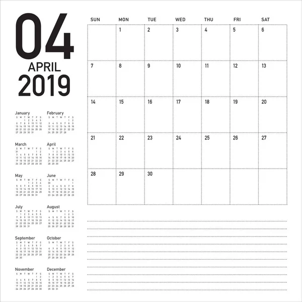 Nisan 2019 Resepsiyon takvim vektör çizim, basit ve temiz tasarım.