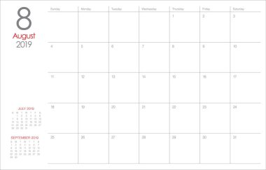 Ağustos 2019 Resepsiyon takvim vektör çizim, basit ve temiz tasarım.