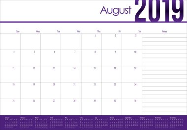 Ağustos 2019 Resepsiyon takvim vektör çizim, basit ve temiz tasarım.