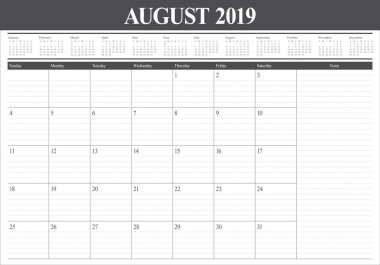 Ağustos 2019 Resepsiyon takvim vektör çizim, basit ve temiz tasarım.