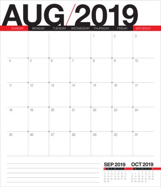 Ağustos 2019 Resepsiyon takvim vektör çizim, basit ve temiz tasarım.