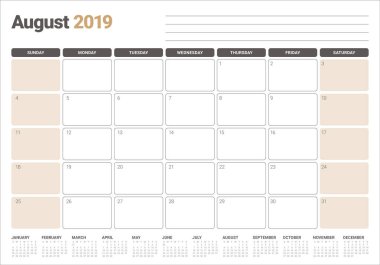 Ağustos 2019 Resepsiyon takvim vektör çizim, basit ve temiz tasarım.