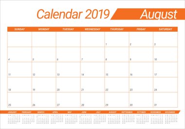 Ağustos 2019 Resepsiyon takvim vektör çizim, basit ve temiz tasarım.