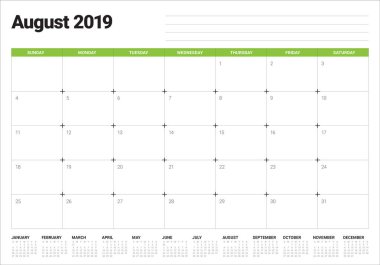 Ağustos 2019 Resepsiyon takvim vektör çizim, basit ve temiz tasarım.