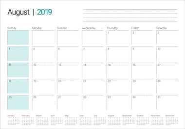 Ağustos 2019 Resepsiyon takvim vektör çizim, basit ve temiz tasarım.