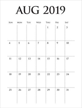 Ağustos 2019 Resepsiyon takvim vektör çizim, basit ve temiz tasarım.