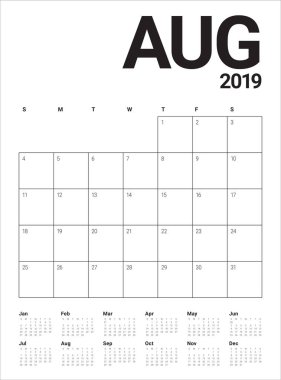 Ağustos 2019 Resepsiyon takvim vektör çizim, basit ve temiz tasarım.