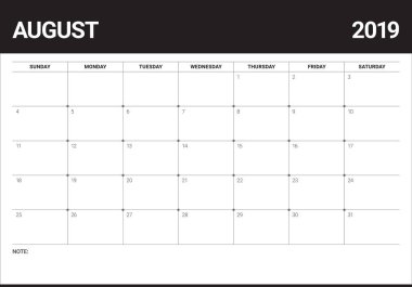 Ağustos 2019 Resepsiyon takvim vektör çizim, basit ve temiz tasarım.