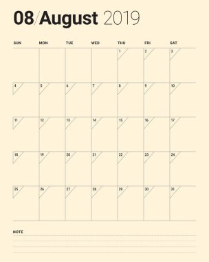 Ağustos 2019 Resepsiyon takvim vektör çizim, basit ve temiz tasarım.