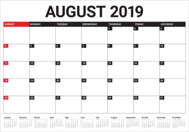 Ağustos 2019 Resepsiyon takvim vektör çizim, basit ve temiz tasarım.