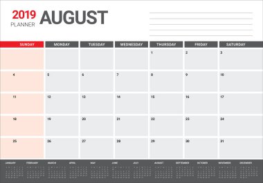 Ağustos 2019 Resepsiyon takvim vektör çizim, basit ve temiz tasarım.